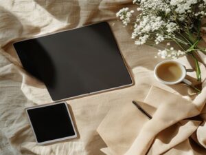 タブレットとスマートフォンを並べた編集調フラットレイ:年代別マッチングアプリ比較ランキング